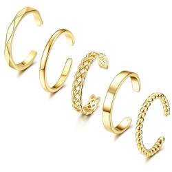 Adramata 5 Stück Ringe Frauen 14 Karat Vergoldete Ringe Set Knöchel Ringe für Damen Stapelbare Silber/Gold Ringe Einfache Plain Band Ring Verstellbare Ringe Set,G von Adramata