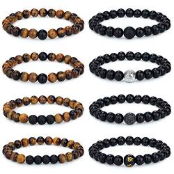 Adramata 6-8Pcs 8mm Tigerauge Armband für Männer Frauen Naturstein Armband Yoga Perlen Achat Elastische Armbänder Herren Armbänder Set Geburtstagsgeschenk für Männer von Adramata