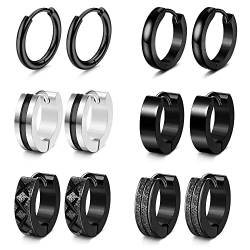 Adramata 6 Paare Herren Ohrringe Edelstahl Creolen Hoops Earrings Set Ohrringe Männer Frauen Knorpel Helix Piercing Ohr Mode Punk Ohrringe Creolen Schwarz Ohrringe für Herren Damen von Adramata