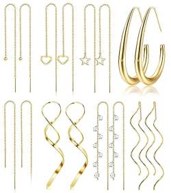 Adramata 8 Paar Durchzieher Ohrringe für Damen Edelstahl Ohrring Set Baumelnde Ohrringe Einfädler Tropfen Ohrringe Quasten Lange Ohrringe Kette Hängende Ohrring Gold Silber Ohrringe Hängend Damen von Adramata