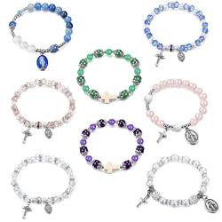 Adramata 8 Stück Perlen Armbänder für Damen Mädchen Katholische Stretcharmbänder Kristall Kreuz Armband Kruzifix Wundermedaille Yoga Rosenkranz Perlen Armbänder Set Böhmische Armbänder Boho Schmuck von Adramata