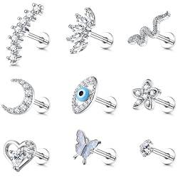 Adramata 9Pcs 16G Helix Piercings für Damen Chirurgenstahl Ohrringe Piercing Evil Eye Schmetterling Blume Ohrpiercing Ohrstecker Tragus Conch Piercing Knorpel Ohrringe Set Tragus Helix Piercing Ohr von Adramata