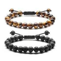 Adramata Armband Herren 8MM Perlenarmband Lavastein Tigerauge Armband Verstellbares Geflochten Armband Set Schwarz Naturstein Perlen Armbänder für Herren Schmuck Herren Geschenk für Männer von Adramata