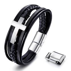 Adramata Armband Herren Lederarmband Herren Femme Kreuz Armband Schwarz Geflochtene Echt Leder Armbänder mit Magnetverschluss Freundschaftsarmband Schmuck Herren Geschenk für Männer von Adramata