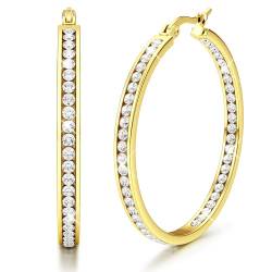 Adramata Ohrringe Creolen Edelstahl Damen Mädchen Hypoallergen Creolen mit Steinen Cubic Zirkonia Große Creolen Geschenke für Frauen Damen Creolen Gold Groß 40mm von Adramata