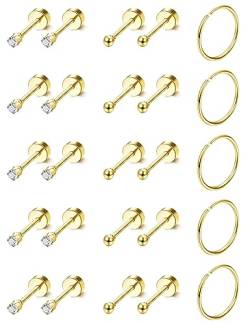 Adramata Winzige Ohrringe Sets für Männer und Frauen, Edelstahl Klein Sleeper Knorpel Ohrring Hypoallergen Kleine Creolen 14K Vergoldet Ohrstecker CZ Knorpel Helix Ohrringe Piercing Ohr, 20G,BG von Adramata