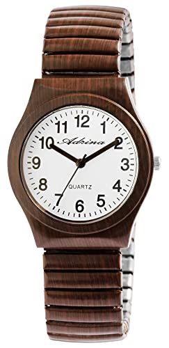 Adrina Damen-Uhr Edelstahl Zugarmband Dunkelbraun große Ziffern Länge 18 cm Durchmesser 34 mm Breite 18 mm Geschenke für Frauen von Adrina