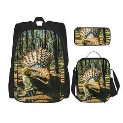 AeRko Dinosaurier bedruckter Jungen-Rucksack leichtes Tagesrucksack-Set 3-teilig mit Lunchtasche Federmäppchen für Mädchen Jungen (Farbe: B) von AeRko