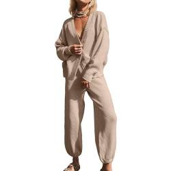 AeasyG Damen Zweiteilige Outfits Lounge Set Langarm V-Ausschnitt Übergroße Strickjacke Oberteil und hohe Taille Baggy Jogger Hose Passende Sets Casual Waffle Loungewear von AeasyG