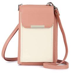 Aeeque Handytasche mit Geldbörse zum Umhängen,Damen Handy Umhängetasche Zweifarbigkeit mit 14 Kartenfächer,Handy Portemonnaie Tasche Kunstleder Crossbody Clutch für Handy unter 6,7 Zoll, Pink Beige von Aeeque