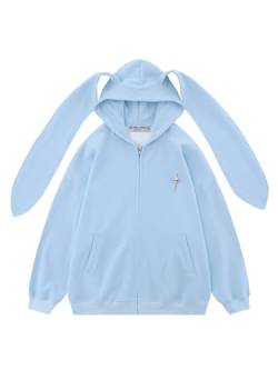 Aelfric Eden Damen Y2K Zip Hoodie Herren Oversized Einfarbig Sweatjacke mit Kapuze Harajuku Kaninchen Ears Pullover Blau L von Aelfric Eden