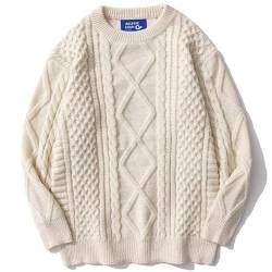 Aelfric Eden Herren Aran Pullover Fairisle Zopfmuster Pullover Langarm Rundhalsausschnitt Oversized Vintage Pullover Pullover Khaki L von Aelfric Eden