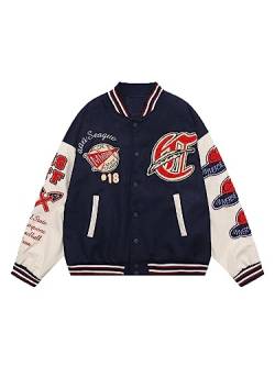 Aelfric Eden Herren Oldschool College Jacke Vintage Oversize Baseballjacke Retro Racing Bomberjacke Streetwear Patchwork Jacken Casual Varsity Jacket Dunkelblau-7, S von Aelfric Eden