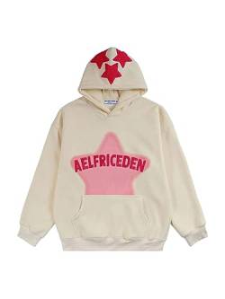 Aelfric Eden Herren Oversized Vintage Hoodie Lose Stern Pullover mit Kapuze Basic Kapuzenpullover Hip Hop Kapuze Sweatshirt mit Tasche Weiß-1, L von Aelfric Eden