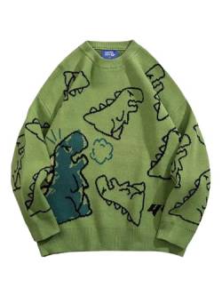 Aelfric Eden Herren Pullover Damen Strickpullover Oversize Cartoon Pulli Y2K Dinosaurier Sweater Langarm Winterpullover 02Grün, XL von Aelfric Eden