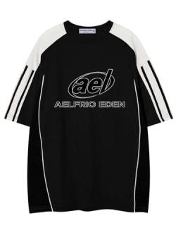 Aelfric Eden Herren Sommer Tshirt Lang Deman Oversize Logo Print Rundhals Baumwolle Basic Tee Sportshirt Jersey mit Stripe Raglan Sleeve Schwarz von Aelfric Eden