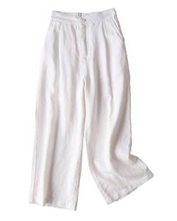 Aeneontrue Daman 100% Leinenhosen mit weitem Bein Capri Hosen Zurück mit Elastischer Taille Feste Hosen für die Arbeit Weiß M von Aeneontrue