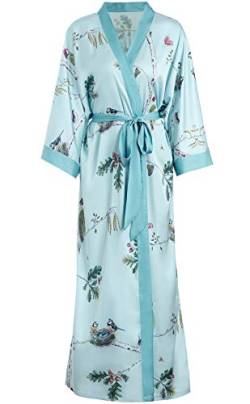 Aensso Lange seidige Kimono-Bademäntel für Frauen, leichter und weicher Blumen-Brautmantel, Blaugrüne Vögel, Einheitsgröße von Aensso