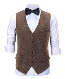 AeoTeokey Herren Vintage Anzug Weste Tweed Wolle Klassisch Formal Weste Herringbone für Jacke (Braun,L) von AeoTeokey
