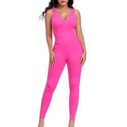 Aerides Jumpsuit Damen Gerippte Lang Ärmellos Yoga Bodysuit Einteiler Stretch Bodycon Playsuits Eng Overall Trainingsanzug Sexy Workout Sport Strampler(Rosa, L) von Aerides