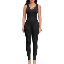 Aerides Jumpsuit Damen Gerippte Lang Ärmellos Yoga Bodysuit Einteiler Stretch Bodycon Playsuits Eng Overall Trainingsanzug Sexy Workout Sport Strampler(Schwarz, L) von Aerides