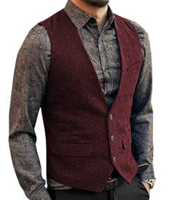 Aesido Casual Herren Weste Anzugweste Slim Fit Wolle Fischgrätenmuster Tweed Business Anzüge Westen Hochzeit Trauzeuge Party(Burgund,2xl) von Aesido