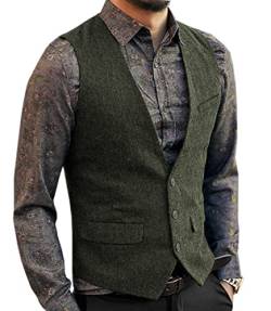 Aesido Casual Herren Weste Anzugweste Slim Fit Wolle Fischgrätenmuster Tweed Business Anzüge Westen Hochzeit Trauzeuge PartyArmee Grün,XL von Aesido