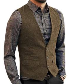 Aesido Casual Herren Weste Anzugweste Slim Fit Wolle Fischgrätenmuster Tweed Business Anzüge Westen Hochzeit Trauzeuge PartyBraun,M von Aesido