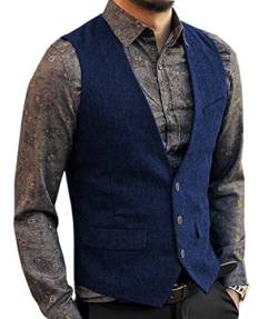 Aesido Casual Herren Weste Anzugweste Slim Fit Wolle Fischgrätenmuster Tweed Business Anzüge Westen Hochzeit Trauzeuge PartyKönigsblau,L von Aesido