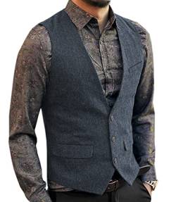 Aesido Casual Herren Weste Anzugweste Slim Fit Wolle Fischgrätenmuster Tweed Business Anzüge Westen Hochzeit Trauzeuge PartyLeichte Marine,L von Aesido