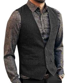 Aesido Casual Herren Weste Anzugweste Slim Fit Wolle Fischgrätenmuster Tweed Business Anzüge Westen Hochzeit Trauzeuge PartySchwarz,L von Aesido