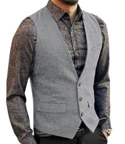 Aesido Casual Herren Weste Anzugweste Slim Fit Wolle Fischgrätenmuster Tweed Business Anzüge Westen Hochzeit Trauzeuge PartySilber-Grau,M von Aesido