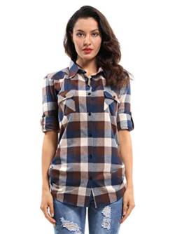 Aeslech Damen Button Down Plaid Flanellhemd Casual Tops Roll Up Langarm Kariert Tartan Bluse, D044, XXXXL von Aeslech