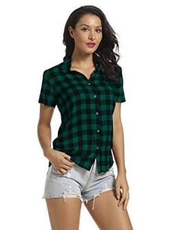 Aeslech Damen Kurzarm Button Down Hemd Bluse Plaid Kariert Sommer Tops, 1 Grün, M von Aeslech