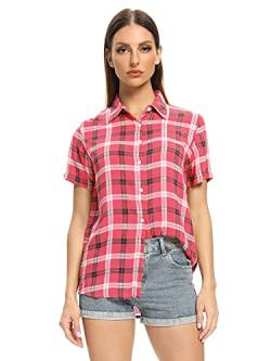 Aeslech Damen Kurzarm Button Down Hemd Bluse Plaid Kariert Sommer Tops, C Pink, XXL von Aeslech