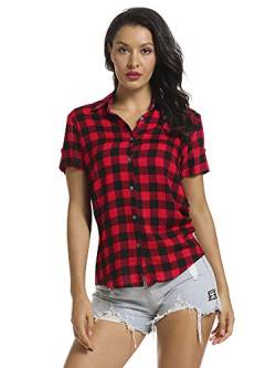 Aeslech Damen Kurzarm Button Down Hemdbluse Plaid Karo Sommer Tops, rot / schwarz, Large von Aeslech