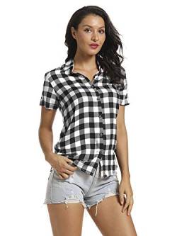 Aeslech Damen Kurzarm Button Down Hemdbluse Plaid Karo Sommer Tops, weiß/schwarz, M von Aeslech