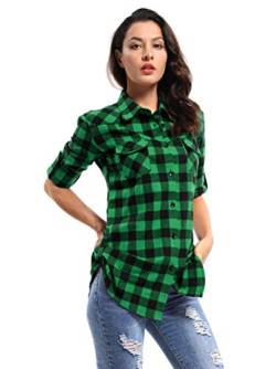 Aeslech Damen Langarm Bluse Kariertes Hemd Lange Ärmel Plaid Flanell Shirt Knopf nach unten Blusen & Tuniken für Damen D013 Grün Schwarz L von Aeslech