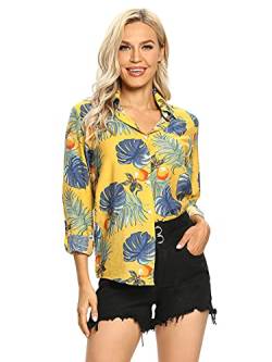 Aeslech Damen Leichtes Hawaiihemd mit Knopfleiste, tropisches Party-Sommer-Top, Gelbe Monstera, Large von Aeslech