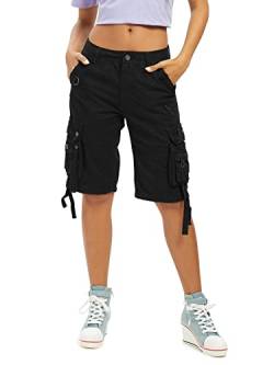 Aeslech Damen Loose Fit Cargo Shorts mit Multi Taschen Baumwolle Bermuda Shorts Casual Sommer Wandern, L Schwarz, 46 von Aeslech