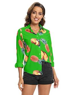 Aeslech Damen leichtes kariertes Hemd, klassische Knopfleiste, aufrollbare Ärmel, Tops Bluse, Eine grüne Ananas, X-Large von Aeslech