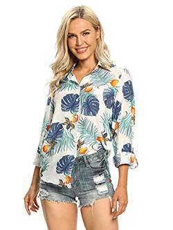 Aeslech Hawaiihemd mit Knopfleiste mit Ärmeln, wendbar, für Damen, Bedruckt, Monstera 3, Weiß, Größe L, 3 Monstera, Weiß, L, 3 Monstera weiß, Large von Aeslech