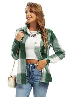 Aeslech Karierte Hemden Damen – Damen Plaid Shacket Flanell Leichte Jacke Button Down Langarm Casual Oversized Shirts, Green, X-Large von Aeslech