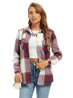 Aeslech Karierte Hemden Damen – Damen Plaid Shacket Flanell Leichte Jacke Button Down Langarm Casual Oversized Shirts, wein, Large von Aeslech