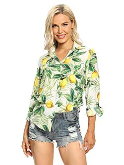 Aeslech Leichtes Hawaiihemd für Damen, mit Knopfleiste, 2 weiße Zitrone, Large von Aeslech