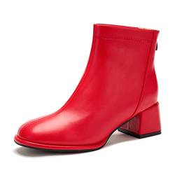 Herbst Stiefeletten für Frauen Chunky Block Mid Heel Booties Rücken Reißverschluss Mode Kurze Stiefel, Ya Rot, 39 EU von Aeslech