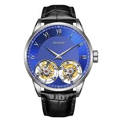 Aesop Doppelt Tourbillon Uhren Herren Mechanische Handaufzug Armbanduhren Edelstahl Saphirglas Wasserdicht Luxus Business Uhr für Herren 7026(Blau) von Aesop
