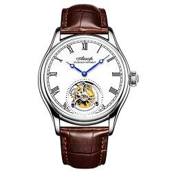 Aesop Herren Mechanische Tourbillon Uhren Handaufzug Skelett Armbanduhren Analog Saphirglas Edelstahl 50M Wasserdicht Klassische Luxus Business Uhr für Herren(Silber und Braun) von Aesop