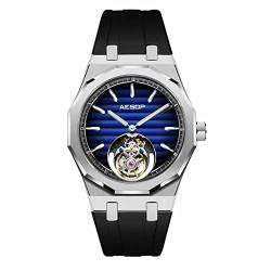 Aesop Herren Tourbillon Uhren Tourbillon Handaufzug Herrenarmbanduhren Leuchtendes Saphirglas Wasserdicht Luxus Business Uhr für Herren 7057(Blau-Gummiband) von Aesop