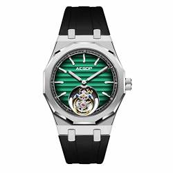 Aesop Herren Tourbillon Uhren Tourbillon Handaufzug Herrenarmbanduhren Leuchtendes Saphirglas Wasserdicht Luxus Business Uhr für Herren 7057(Grün-Gummiband) von Aesop